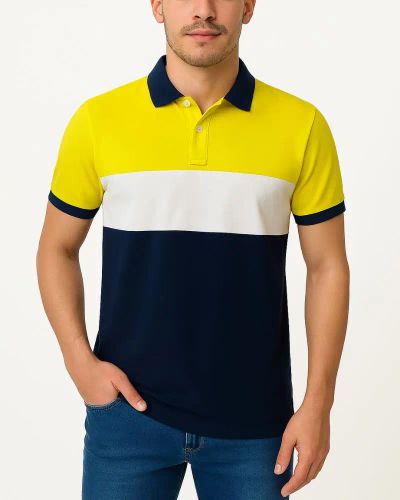 Camisa Polo Listrada em Malha Piquet - Amarelo/Branco/Azul
