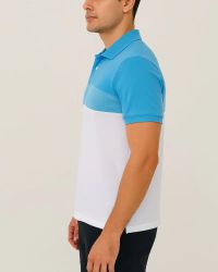 Camisa Polo Listrada em Malha Piquet Azul Claro/Branco — foto 3