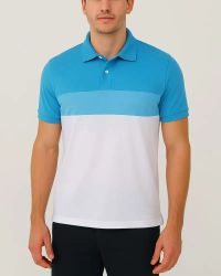 Camisa Polo Listrada em Malha Piquet Azul Claro/Branco — foto 1