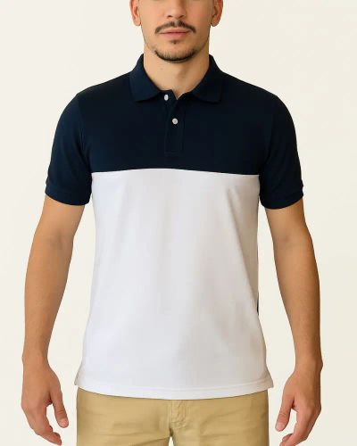 Camisa Polo Listrada em Malha Piquet - Azul Marinho/Branco