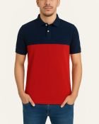 Camisa Polo Listrada em Malha Piquet Azul Marinho/Vermelho — foto 1