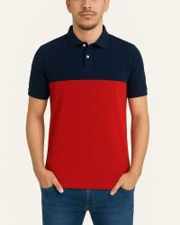Camisa Polo Listrada em Malha Piquet Azul Marinho/Vermelho — foto 1