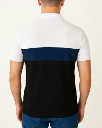 Camisa Polo Listrada em Malha Piquet Branco/Azul/Preto — foto 2