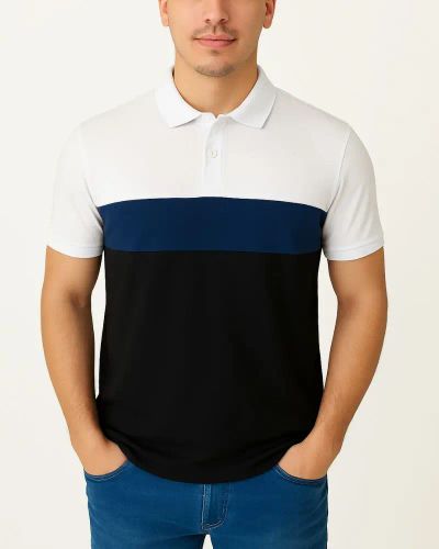 Camisa Polo Listrada em Malha Piquet - Branco/Azul/Preto