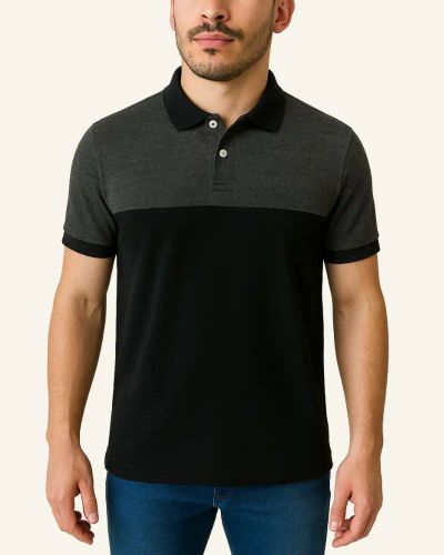 Camisa Polo Listrada em Malha Piquet - Preto Mescla/Preto