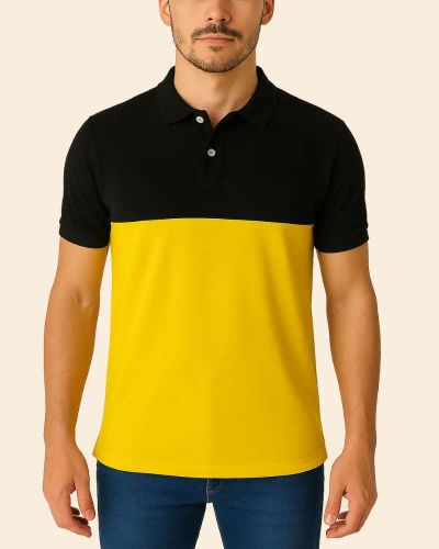 Camisa Polo Listrada em Malha Piquet - Preto/Amarelo