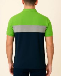 Camisa Polo Listrada em Malha Piquet Verde Limão/Cinza/Azul — foto 2