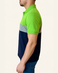 Camisa Polo Listrada em Malha Piquet Verde Limão/Cinza/Azul — foto 3