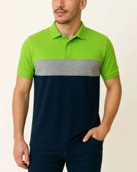 Camisa Polo Listrada em Malha Piquet Verde Limão/Cinza/Azul — foto 1