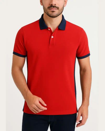 Camisa Polo Listrada em Malha Piquet - Vermelho/Azul Marinho