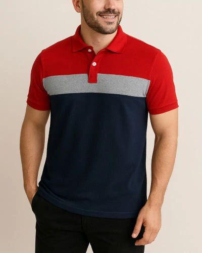 Camisa Polo Listrada em Malha Piquet — Vermelho/Cinza/Azul