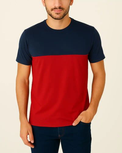 Camiseta com Recorte em Malha Premium - Azul Marinho/Vermelho