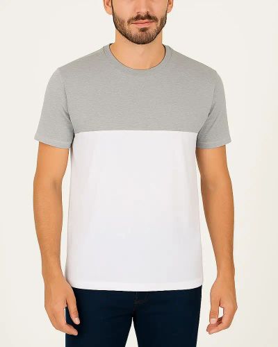 Camiseta com Recorte em Malha Premium — Cinza Mescla/Branco